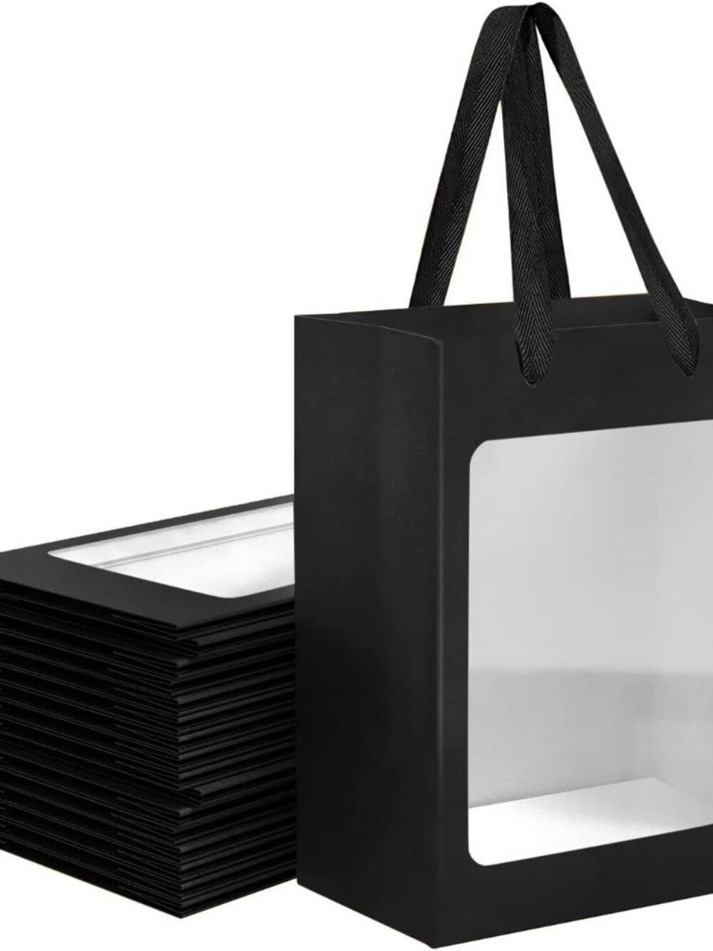 12Pcs Black Paper Gift Bags with Transparent Window, 9.84"x7.0"x5.12"